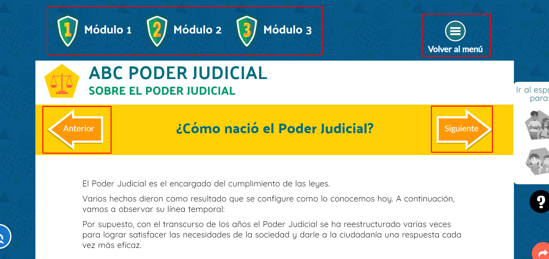 Captura de pantalla de las opciones de navegación dentro de los temas de Poder Juvenil